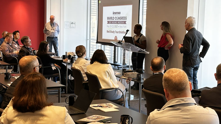 From left to right speaking to INMA study tour attendees: Everdeen Mason, editorial director/New York Times games; Olivia Myszkowski, chief of staff/data and audience; Cliff Levy, deputy publisher/The Atlantic and Wirecutter.